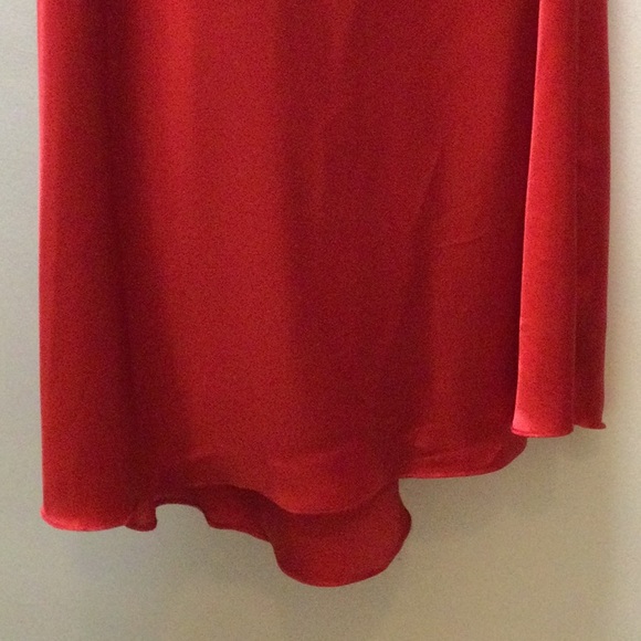 Red silky evening gown, sheer top, flare bottom - Picture 9 of 14